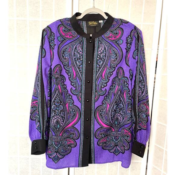 Bob Mackie Tops - Bob Mackie Wearable Art Paisley Blouse 2X Purple Mandarin Collar Retro Bold Boho